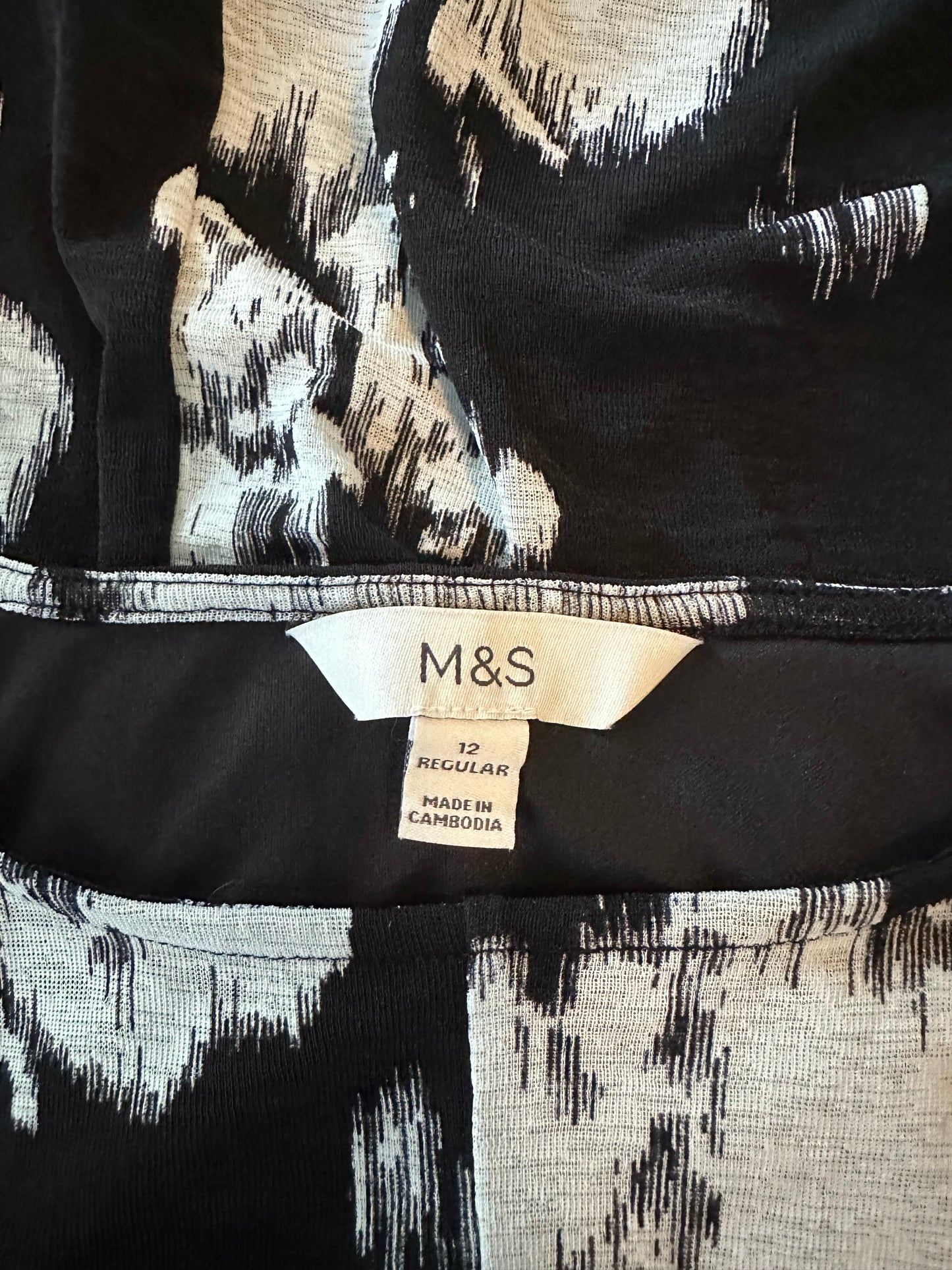 M&S Abstract Print Ruched Shift Dress, Black & White - Size 12