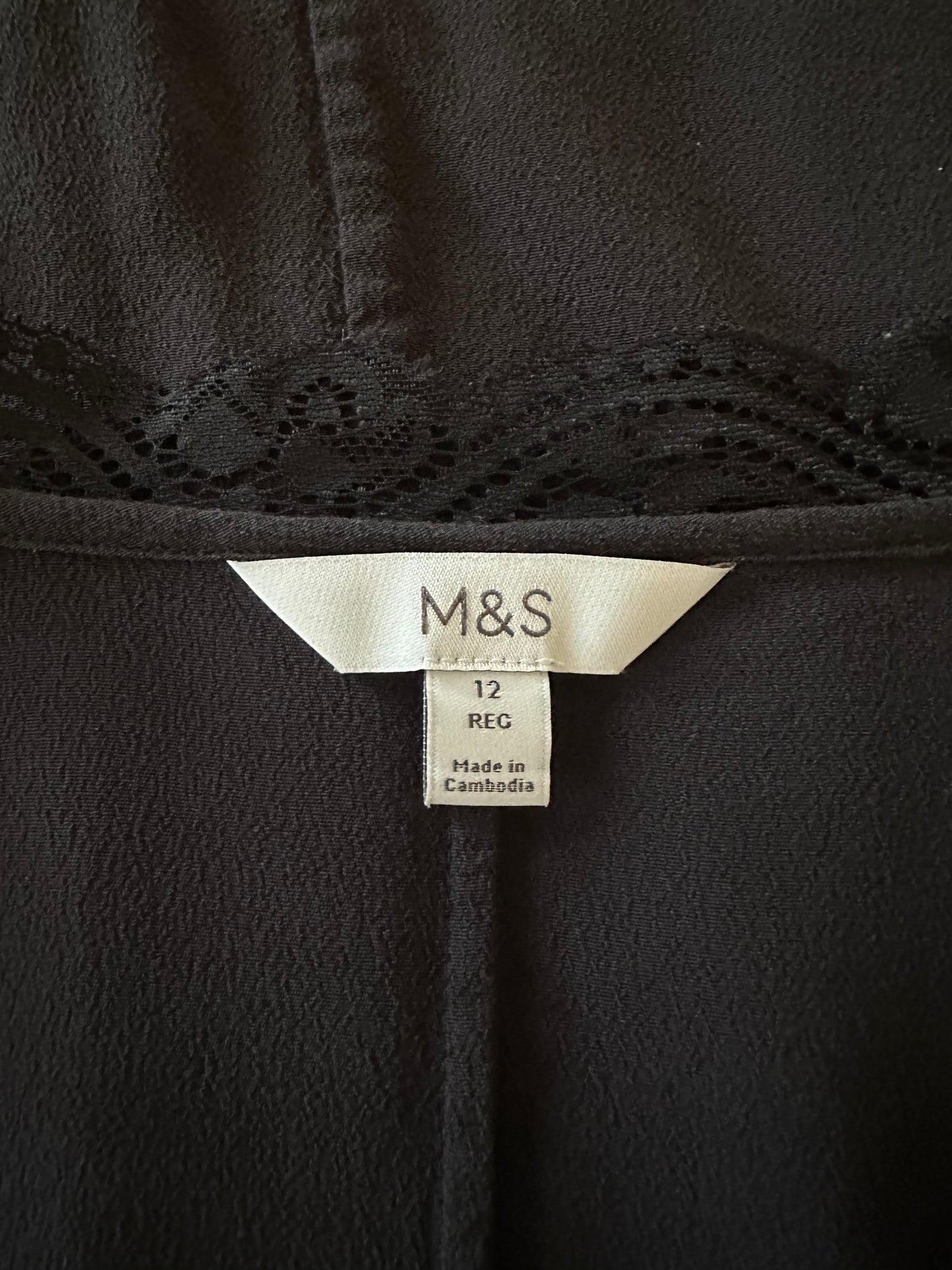 M&S Lace Trim Long Sleeve Blouse, Black – Size 12