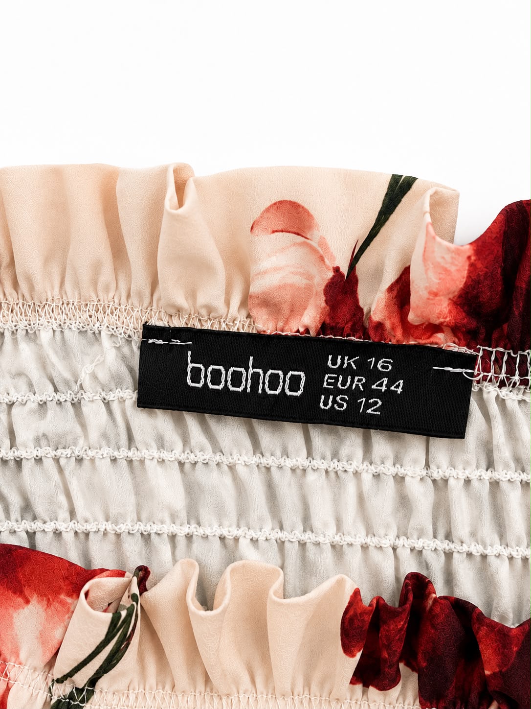 Boohoo Bardot Shirred Peplum Top, Flora Cream - Size 16