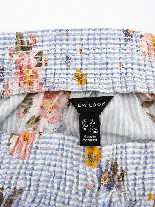 New Look Stripe Floral Bardot Top, Blue - Size 16