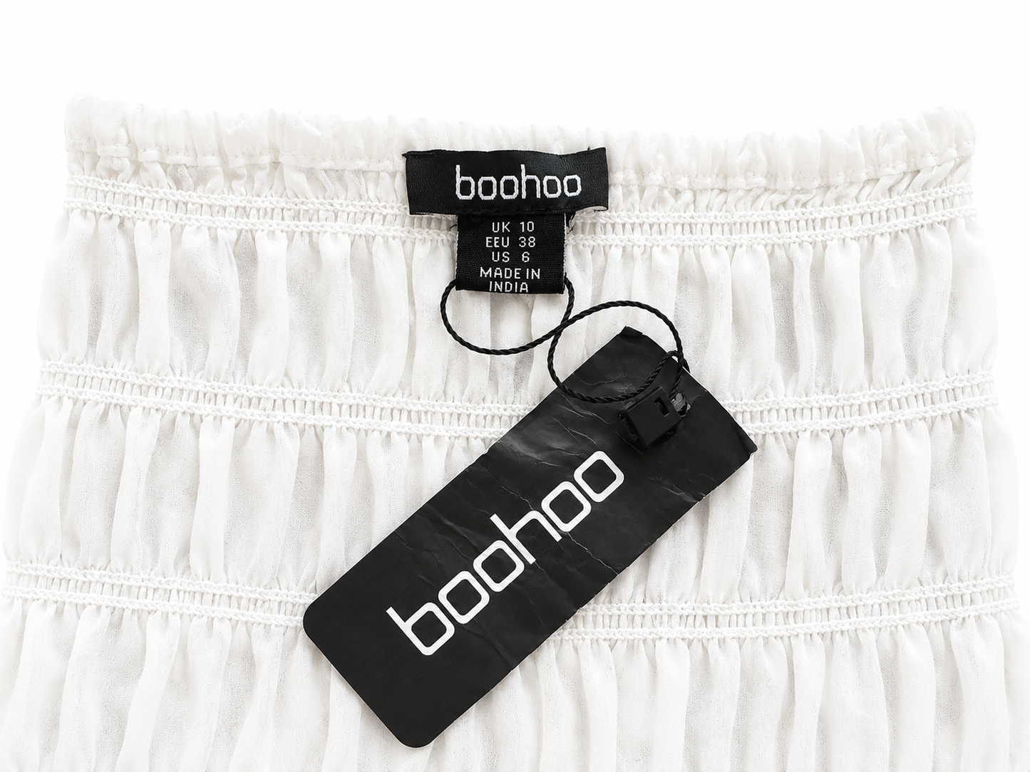 Boohoo Shirred Puff Sleeve Bardot Top, White - Size 10