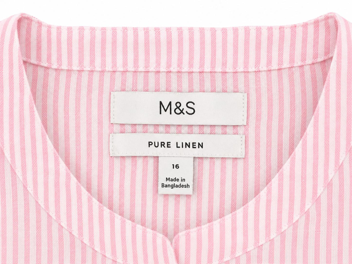 M&S Pure Linen Striped Short Sleeve Top, Pink & White - Size 16