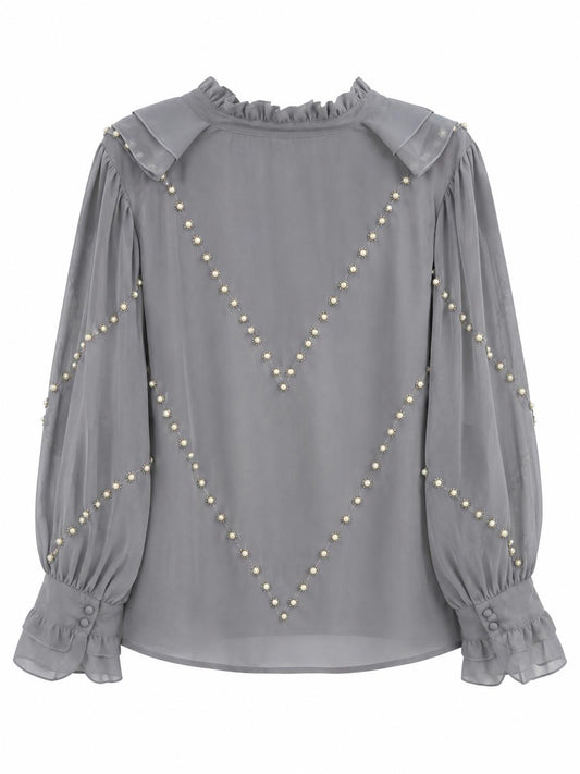 River Island Ruffle Pearl Embellished Blouse, Grey - Size 12