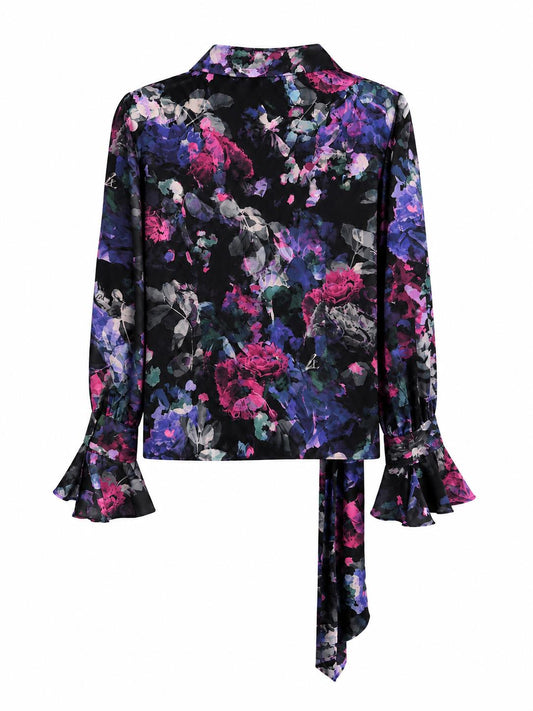M&S Floral Tie Front Blouse, Black - Size 16