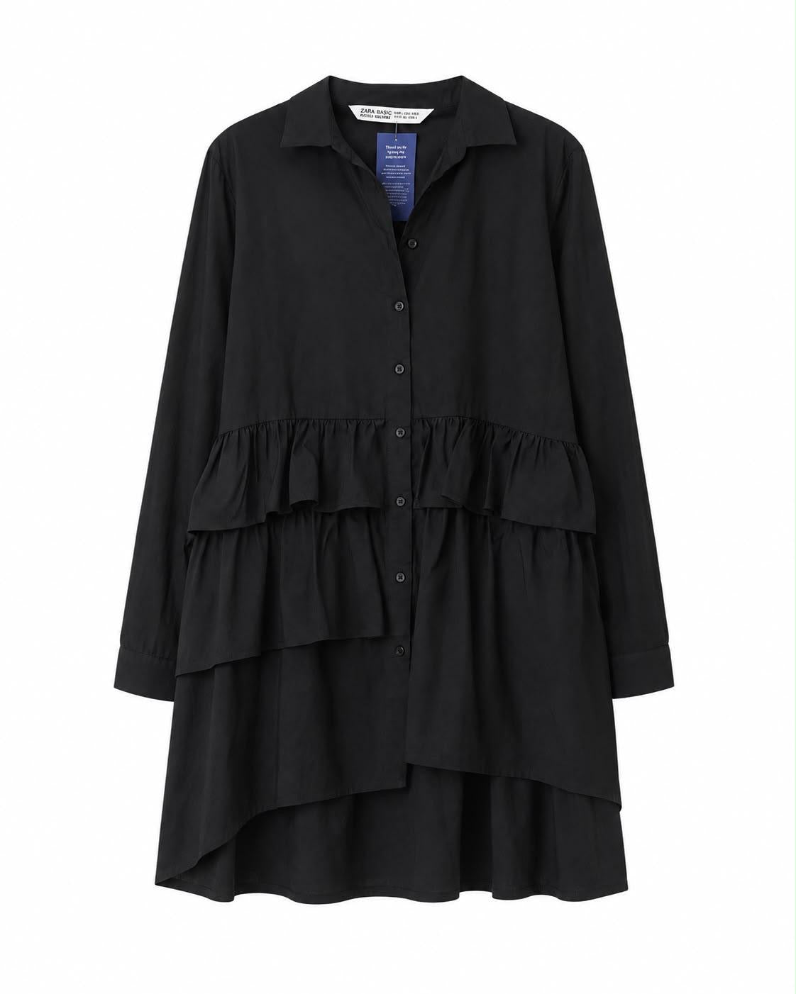 Zara Tiered Ruffle Buttoned Shirt Dress, Black - Size 10