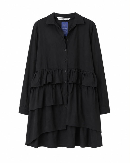 Zara Tiered Ruffle Buttoned Shirt Dress, Black - Size 10