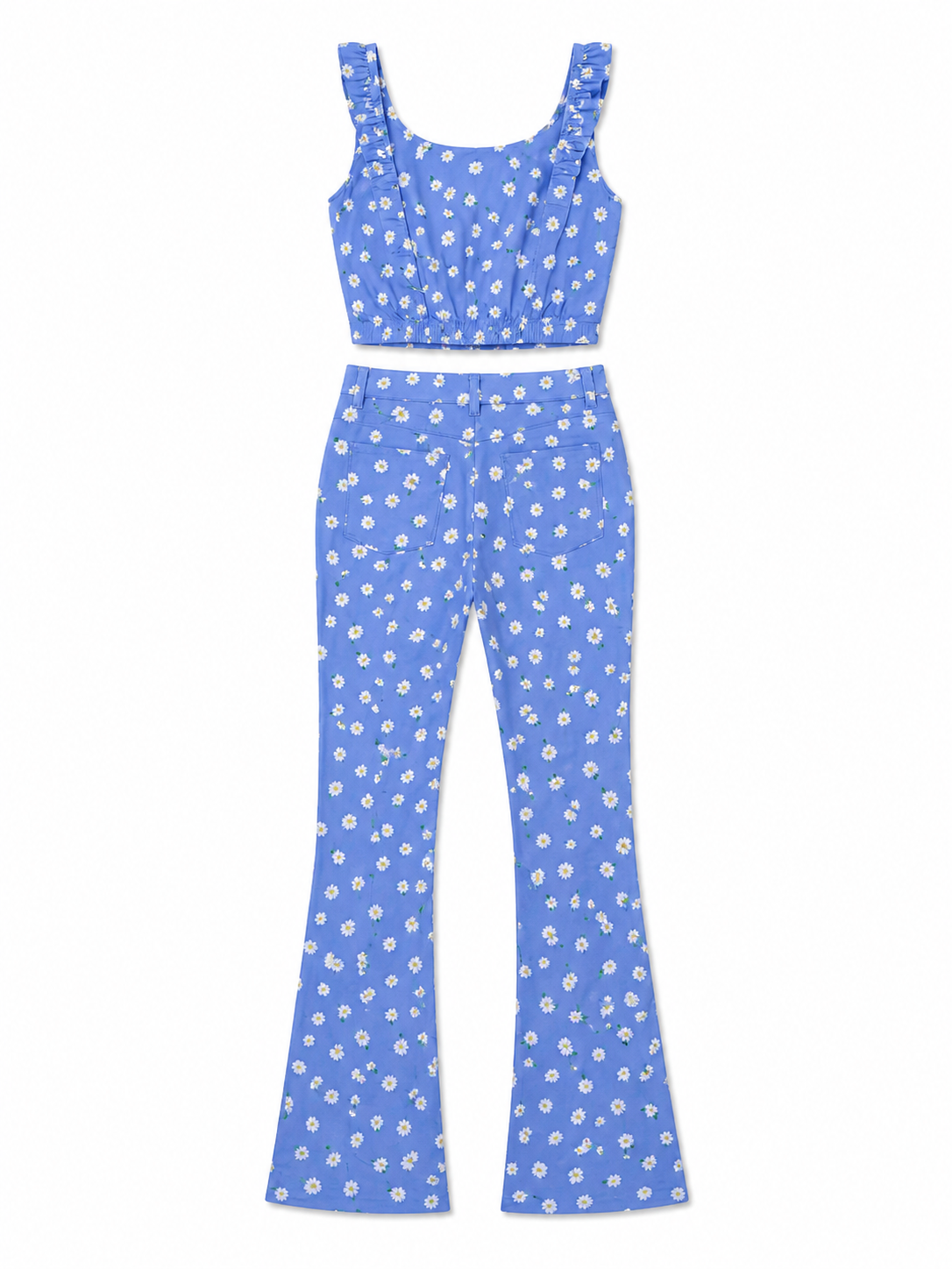 Zara Daisy Print Crop Top & Flared Trousers, Blue – Size 8