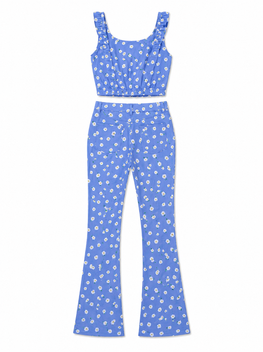 Zara Daisy Print Crop Top & Flared Trousers, Blue – Size 8