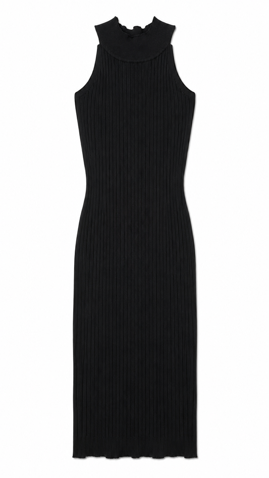 Pink Vanilla Ribbed High Neck Sleeveless Midi Dress, Black - Size 8