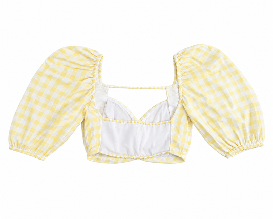 Zara Gingham Puff Sleeve Crop Top, Yellow - Size 6