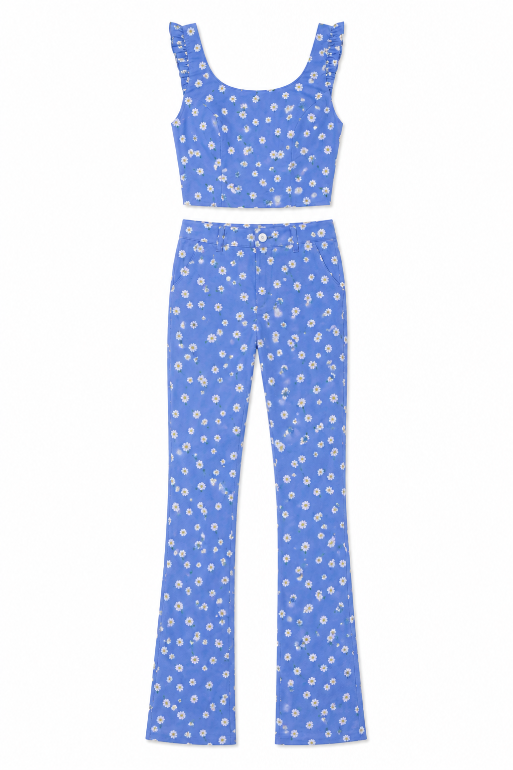 Zara Daisy Print Crop Top & Flared Trousers, Blue – Size 8