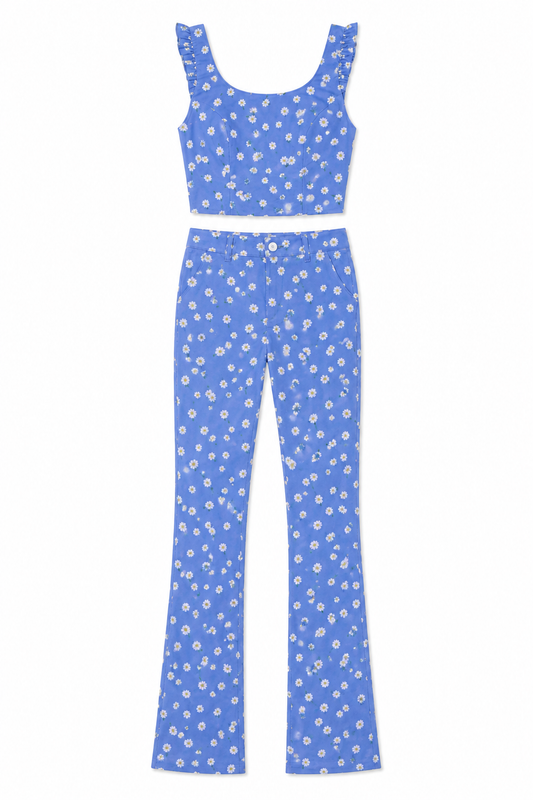 Zara Daisy Print Crop Top & Flared Trousers, Blue – Size 8