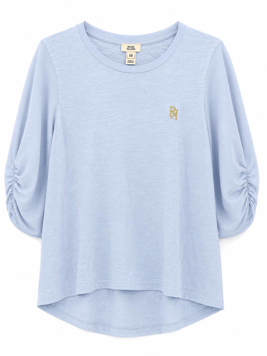 River Island Ruched Sleeve T-Shirt Top, Light Blue - Size 10