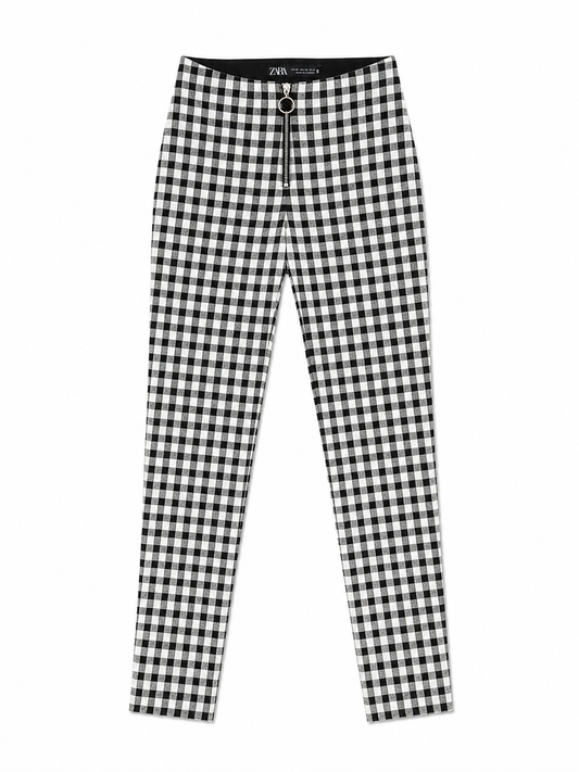 Zara Gingham Zip Front Skinny Trousers, Black & White - Size 6