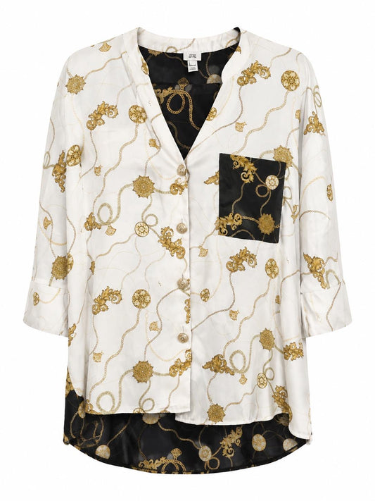 River Island Chain Print Button Front Blouse, White Black Gold - Size 12