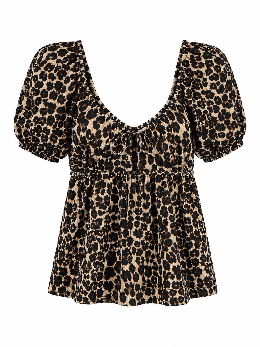 George Leopard Print Puff Sleeve Peplum Top, Brown - Size 20