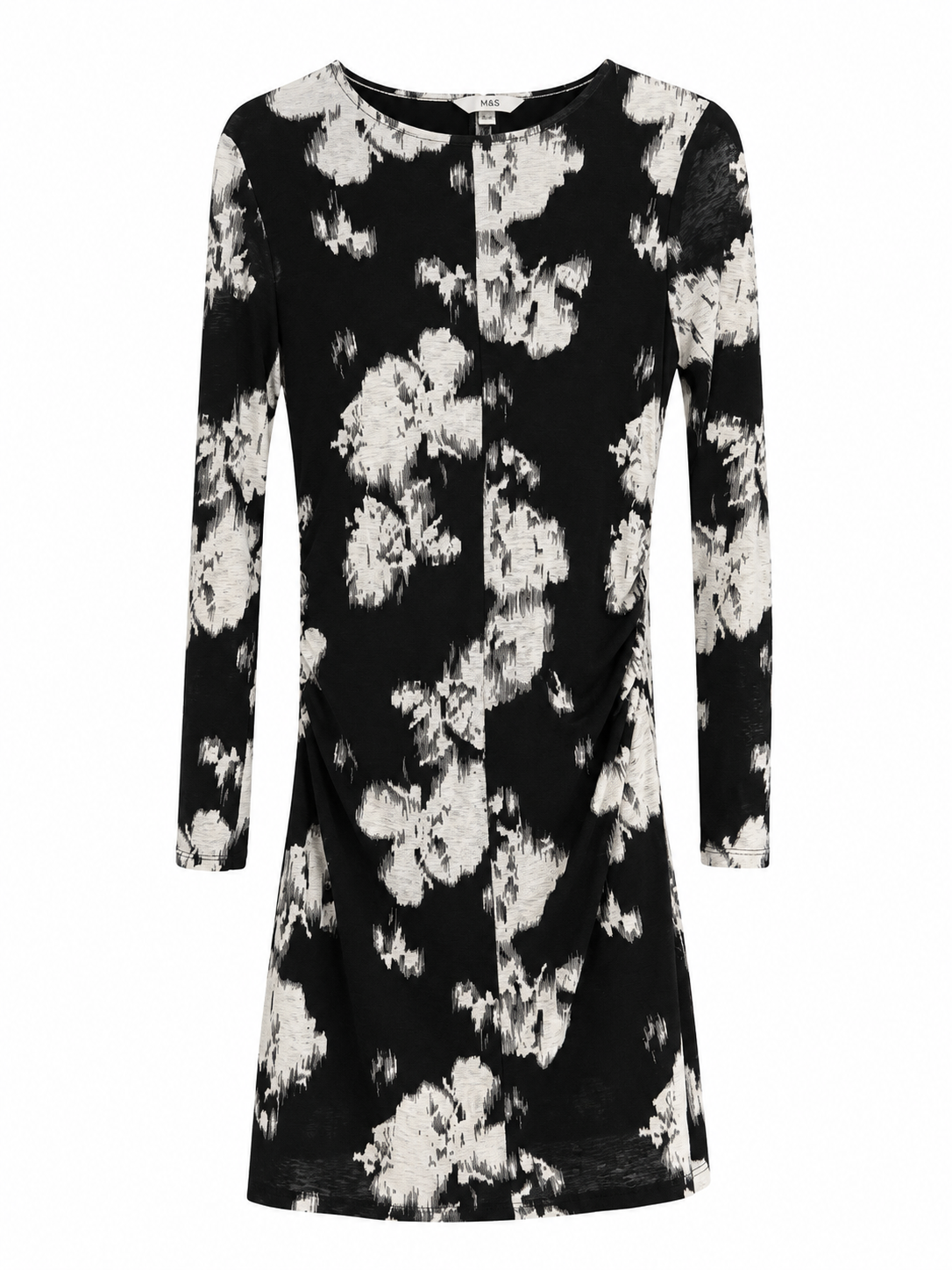M&S Abstract Print Ruched Shift Dress, Black & White - Size 12