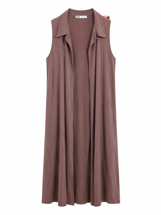 Zara Sleeveless Longline Open Front Waistcoat, Brown - Size 8