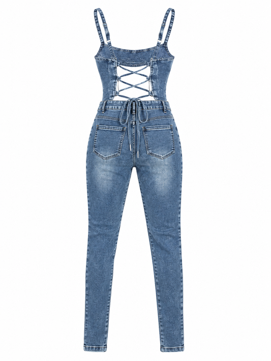 Manière De Voir Denim Effect Corset Jumpsuit, Blue - Size 8
