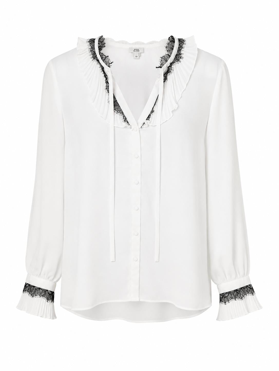 River Island Lace Trim Ruffle Blouse, White - Size 12