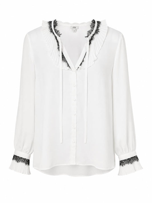 River Island Lace Trim Ruffle Blouse, White - Size 12