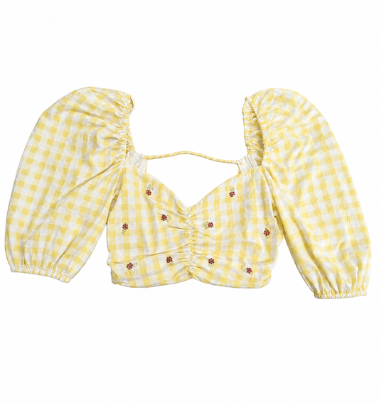 Zara Gingham Puff Sleeve Crop Top, Yellow - Size 6