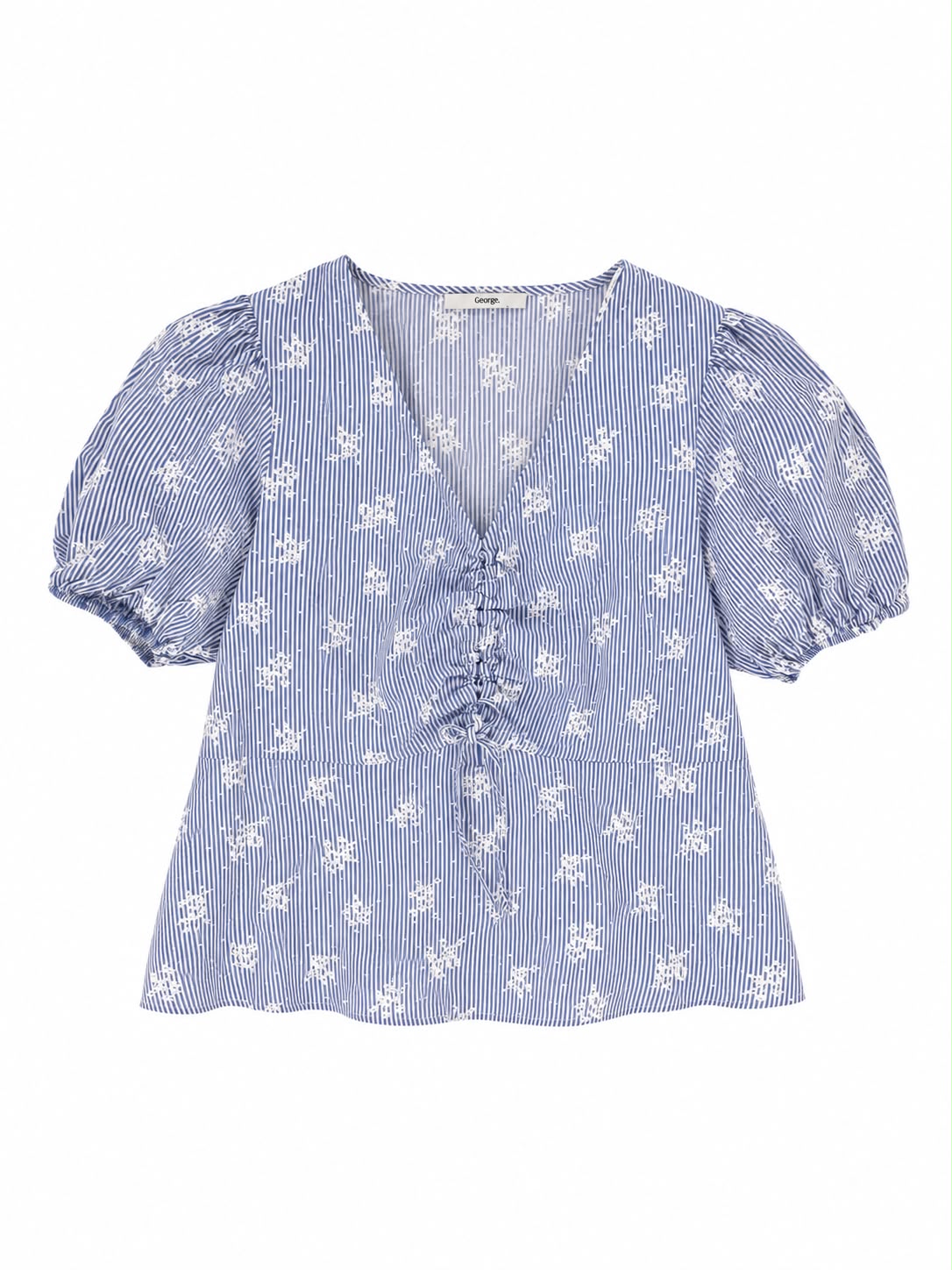 George Stripe Floral Puff Sleeve Peplum, Blue - Size 20
