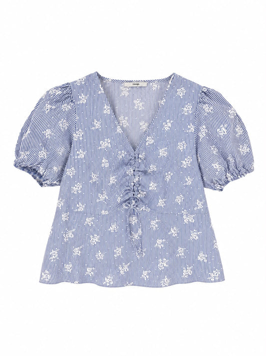 George Stripe Floral Puff Sleeve Peplum, Blue - Size 20