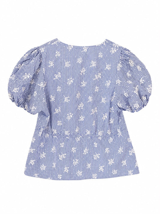 George Stripe Floral Puff Sleeve Top, Blue - Size 20