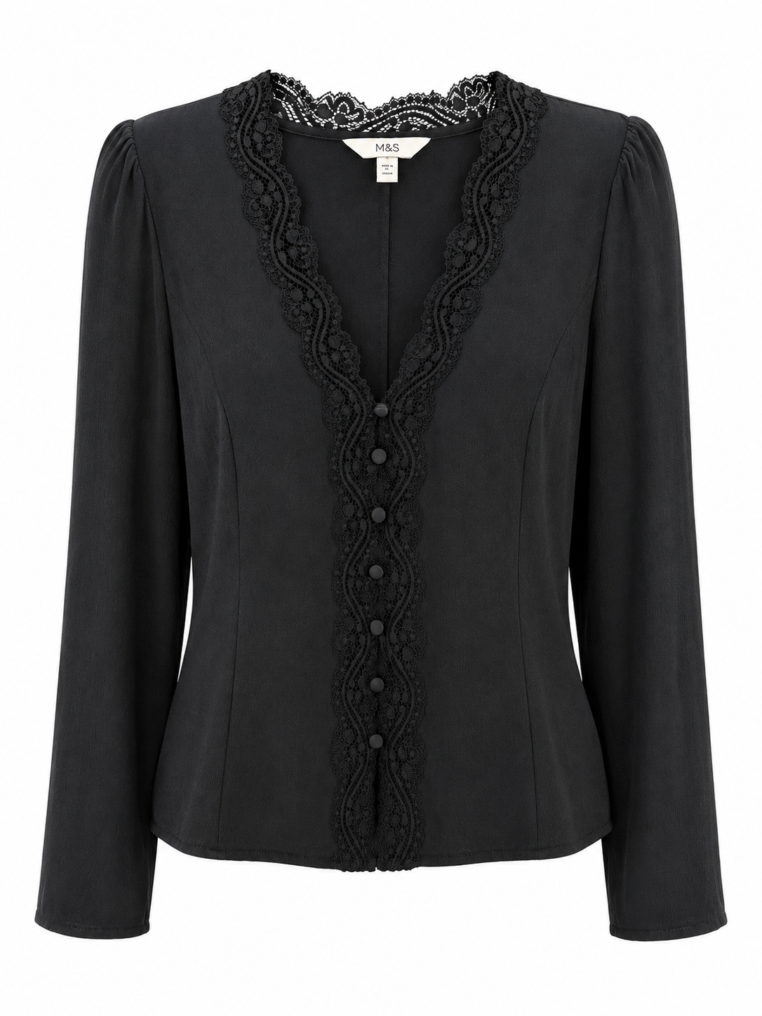 M&S Lace Trim Long Sleeve Blouse, Black – Size 12
