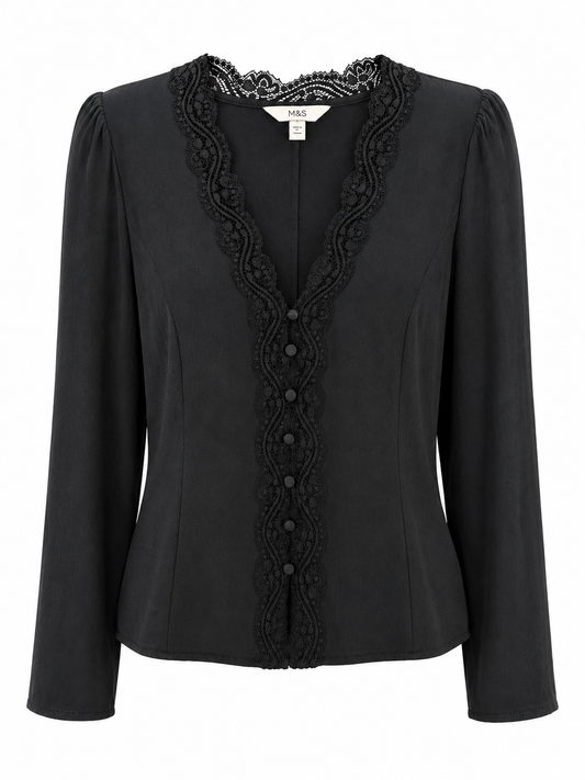 M&S Lace Trim Long Sleeve Blouse, Black – Size 12
