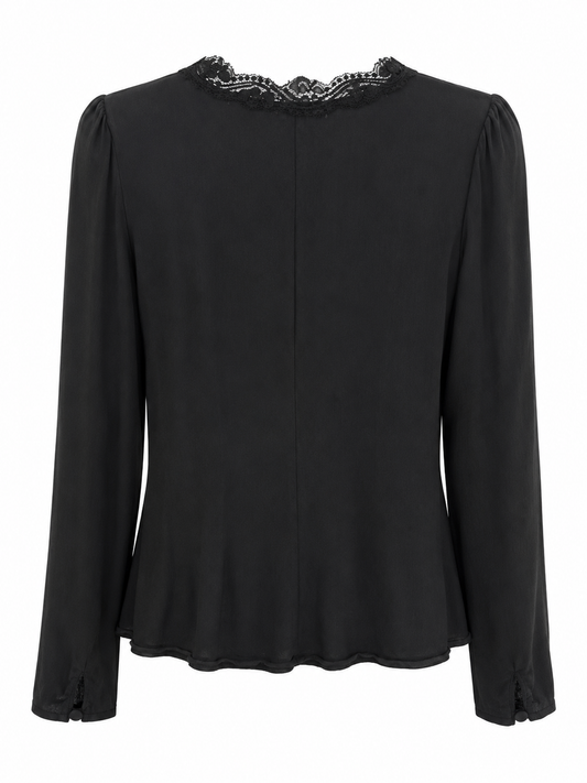 M&S Lace Trim Long Sleeve Blouse, Black – Size 12