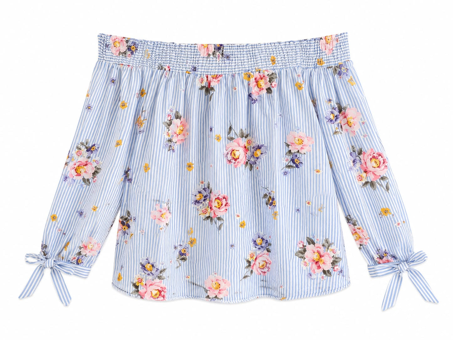 New Look Stripe Floral Bardot Top, Blue - Size 16