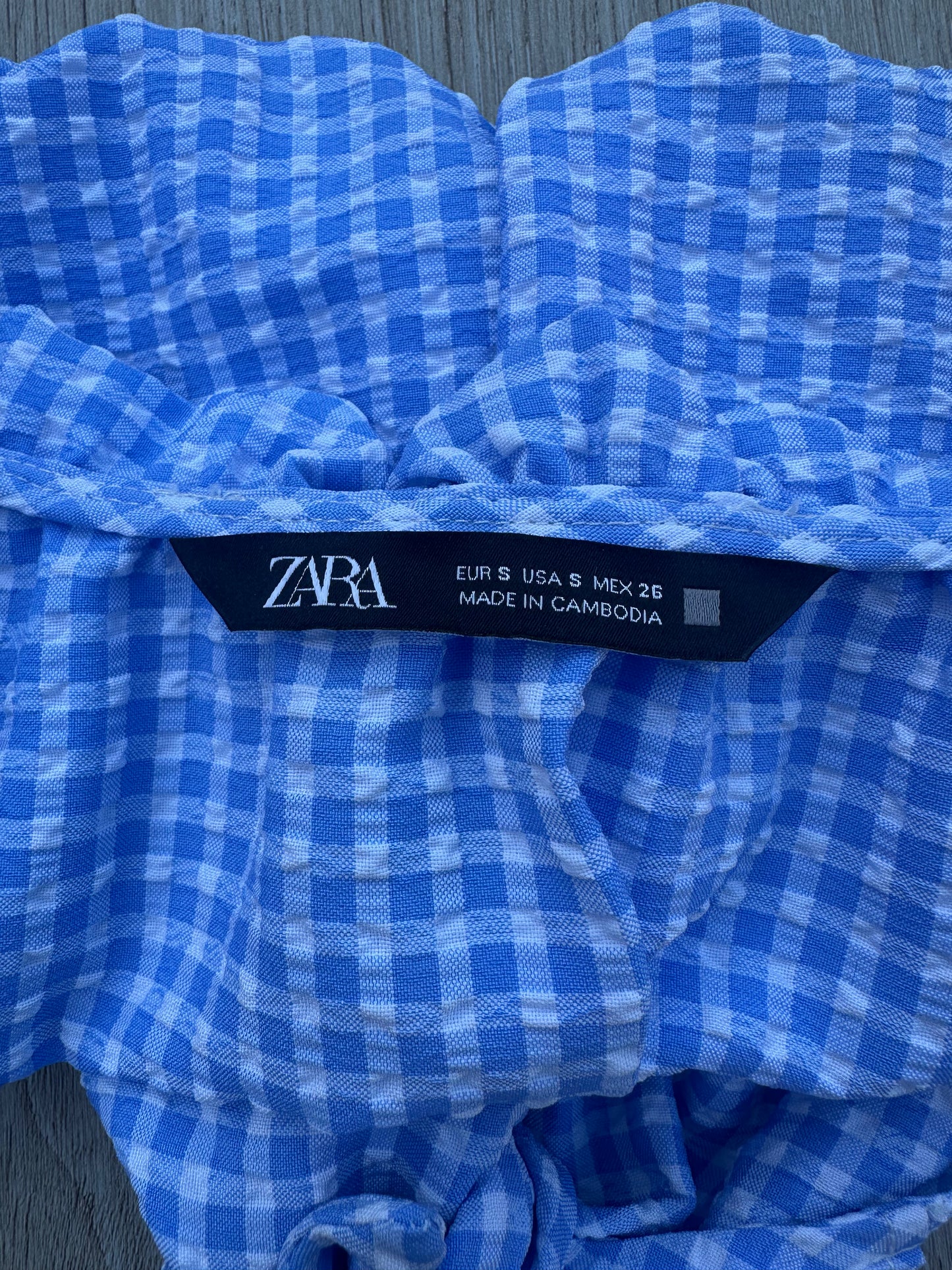 Zara Checked Tie Front Long Sleeve Crop Top, Blue - Size 8
