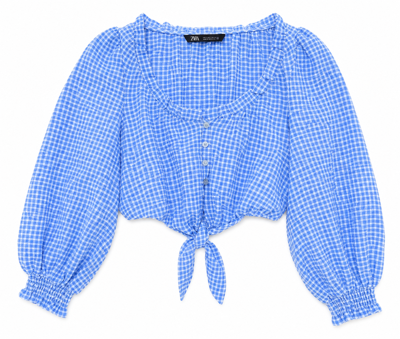 Zara Checked Tie Front Long Sleeve Crop Top, Blue - Size 8
