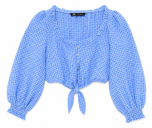 Zara Checked Tie Front Long Sleeve Crop Top, Blue - Size 8