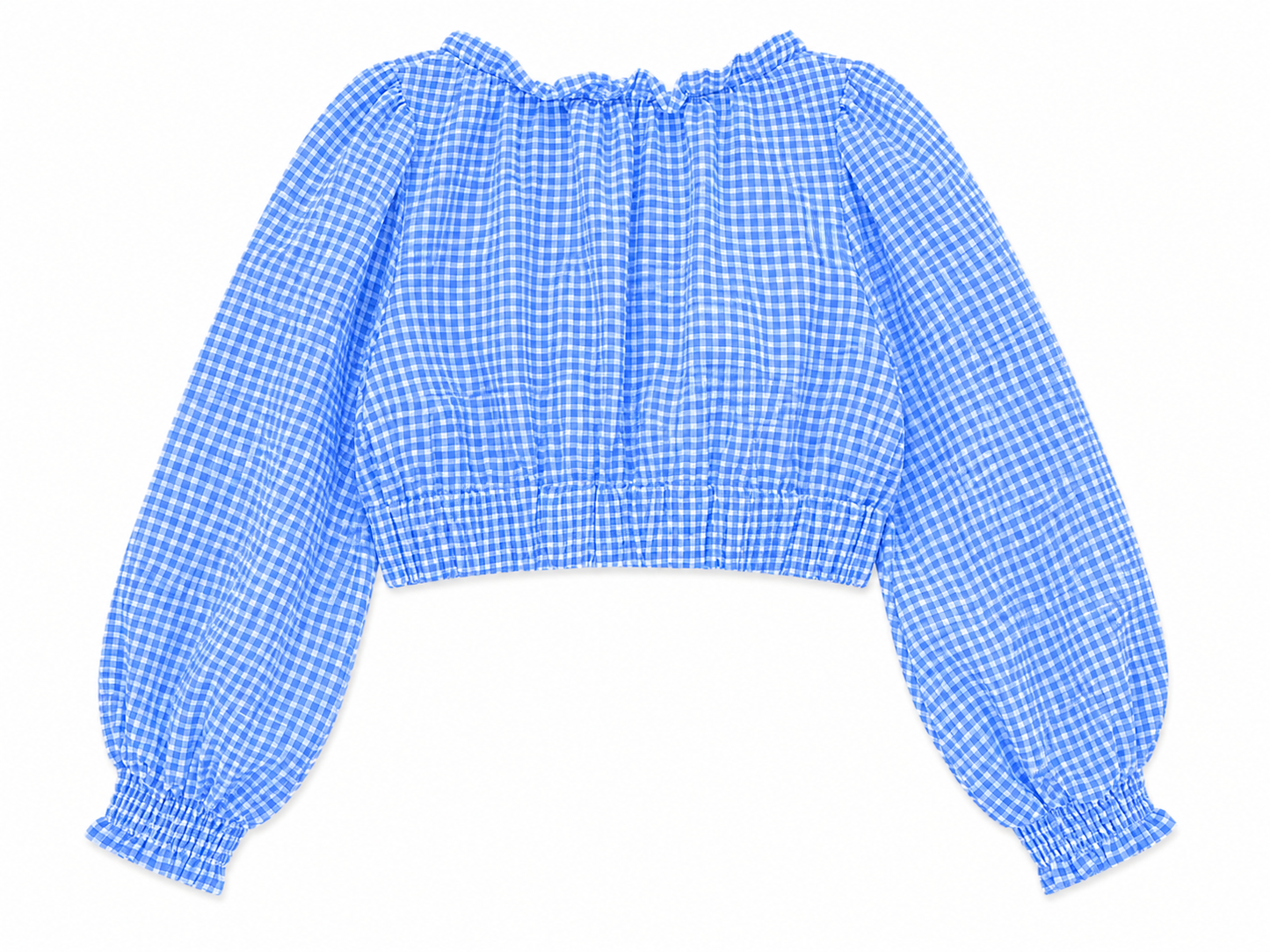 Zara Checked Tie Front Long Sleeve Crop Top, Blue - Size 8