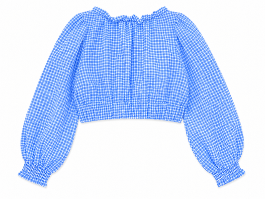 Zara Checked Tie Front Long Sleeve Crop Top, Blue - Size 8