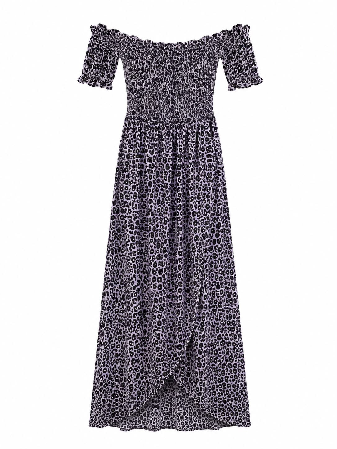 Boohoo Bardot Shirred Maxi Dress - Leopard Print Grey - Size 16