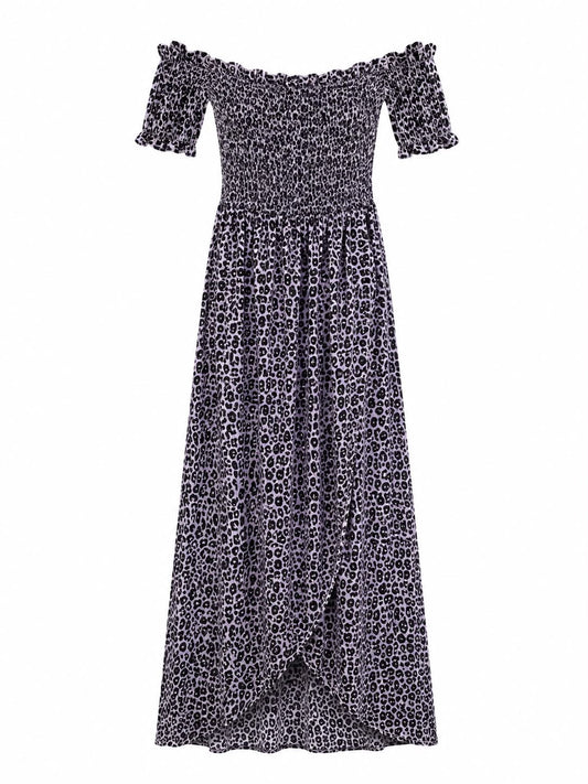 Boohoo Bardot Shirred Maxi Dress - Leopard Print Grey - Size 16