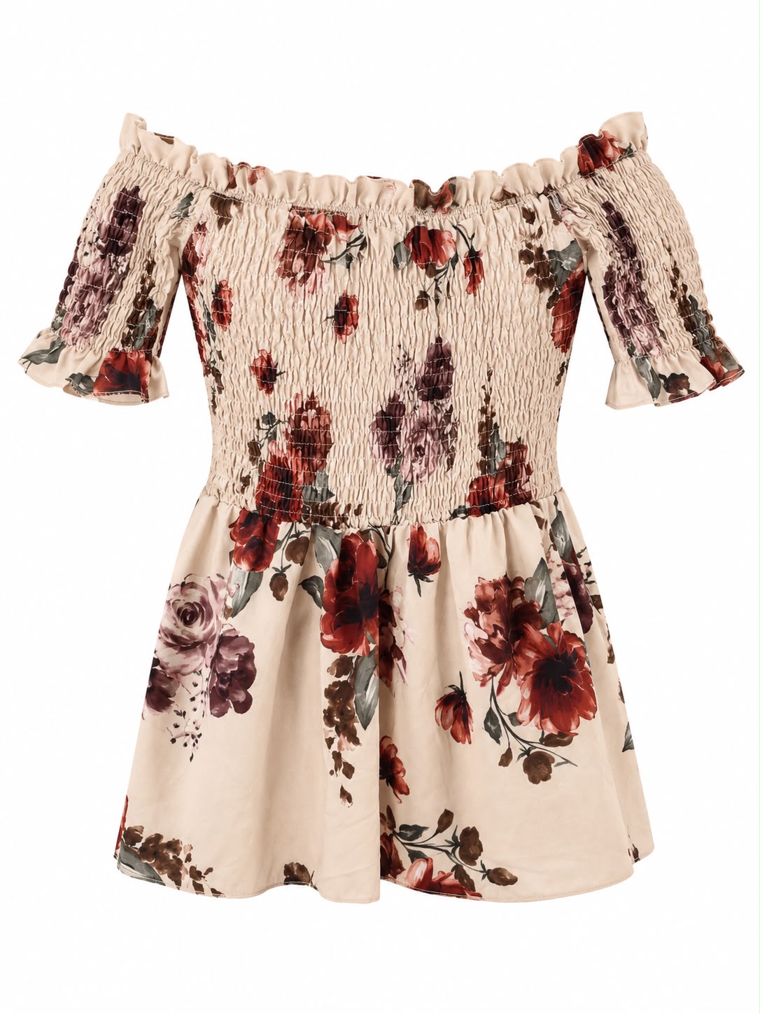 Boohoo  Bardot Shirred Peplum Top, Flora Cream - Size 16
