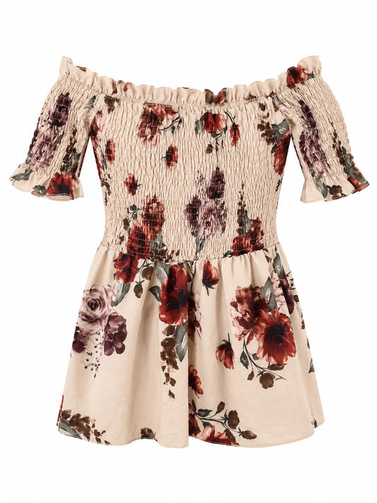Boohoo  Bardot Shirred Peplum Top, Flora Cream - Size 16