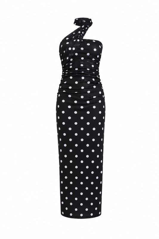 Asos Polka Dot One-Shoulder Ruched Midi Dress, Black - Size 12