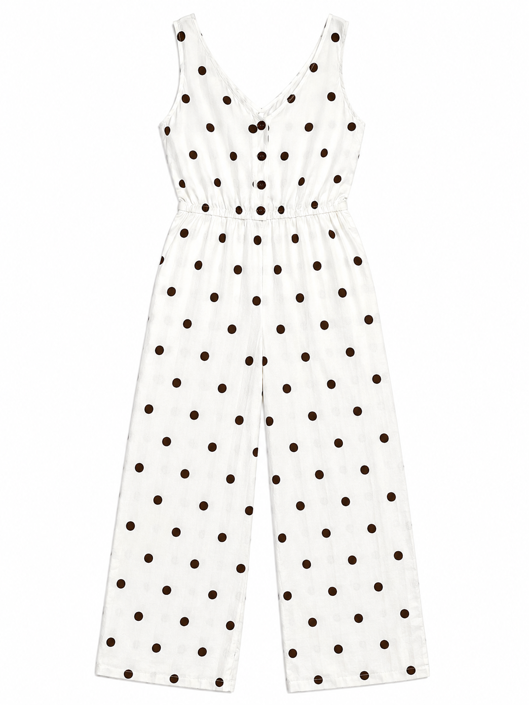 Monteau Polka Dot Wide Leg Jumpsuit, White & Brown – Size Small