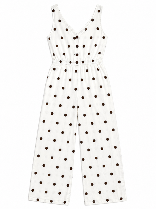 Monteau Polka Dot Wide Leg Jumpsuit, White & Brown – Size Small