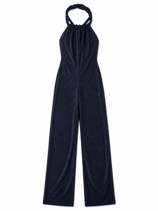ASOS Shimmer Halterneck Wide Leg Jumpsuit, Navy – Size 8