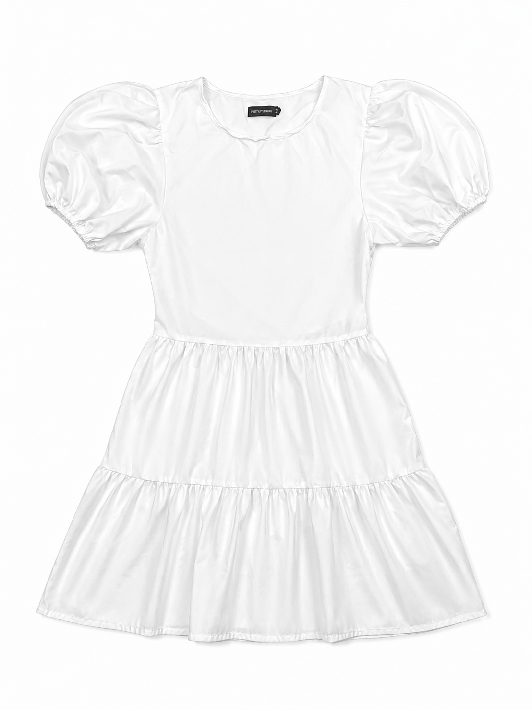 Pretty Little Thing Puff Sleeve Tiered Mini Dress, White – Size 8