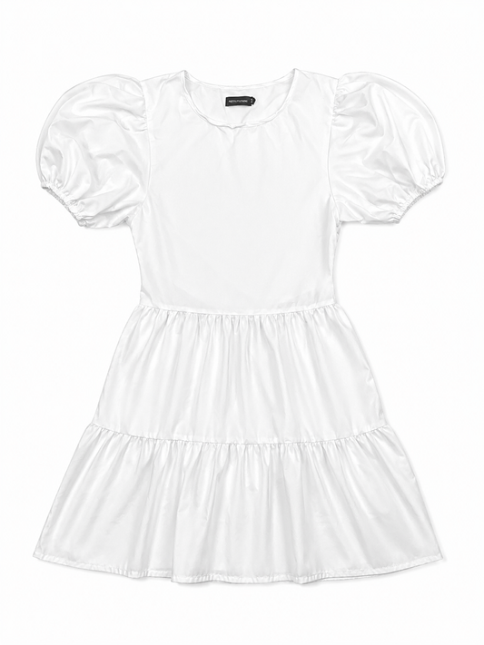 Pretty Little Thing Puff Sleeve Tiered Mini Dress, White – Size 8