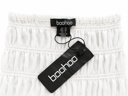 Boohoo Shirred Puff Sleeve Bardot Top, White - Size 10