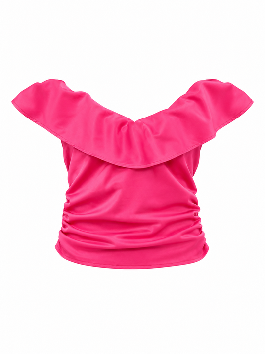 PrettyLittleThing Bardot Ruched Satin Top, Hot Pink - Size 10